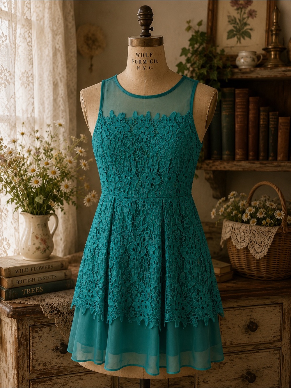 Love Point Teal Crochet Lace, Mesh, Fit & Flare Midi Dress